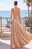 Halter Metallic A Line Blue Ruched Long Evening Dress