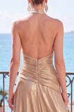 Halter Metallic A Line Blue Ruched Long Evening Dress