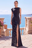 Sequin Bateau Neck Black Mermaid Long Evening Dress With Slit