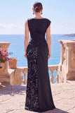 Sequin Bateau Neck Black Mermaid Long Evening Dress With Slit