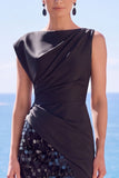 Sequin Bateau Neck Black Mermaid Long Evening Dress With Slit