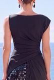 Sequin Bateau Neck Black Mermaid Long Evening Dress With Slit