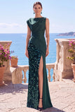 Sequin Bateau Neck Black Mermaid Long Evening Dress With Slit