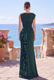 Sequin Bateau Neck Black Mermaid Long Evening Dress With Slit