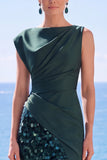 Sequin Bateau Neck Black Mermaid Long Evening Dress With Slit
