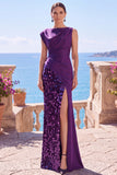 Sequin Bateau Neck Black Mermaid Long Evening Dress With Slit