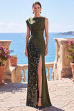 Sequin Bateau Neck Black Mermaid Long Evening Dress With Slit