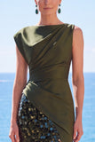 Sequin Bateau Neck Black Mermaid Long Evening Dress With Slit
