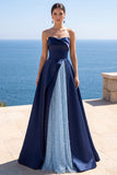 Strapless Navy Satin A Line Long Formal Dress With Pearls