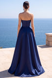 Strapless Navy Satin A Line Long Formal Dress With Pearls
