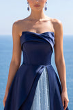 Strapless Navy Satin A Line Long Formal Dress With Pearls