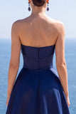 Strapless Navy Satin A Line Long Formal Dress With Pearls