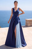 V-Neck Satin A Line Navy Long Formal Dress With Slit