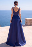 V-Neck Satin A Line Navy Long Formal Dress With Slit