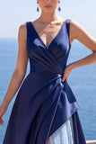 V-Neck Satin A Line Navy Long Formal Dress With Slit
