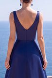 V-Neck Satin A Line Navy Long Formal Dress With Slit
