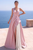 V-Neck Satin A Line Navy Long Formal Dress With Slit