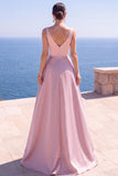 V-Neck Satin A Line Navy Long Formal Dress With Slit