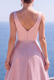 V-Neck Satin A Line Navy Long Formal Dress With Slit