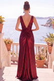V-Neck Burgundy Ruched Satin Long Formal Dress With Slit