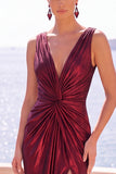 V-Neck Burgundy Ruched Satin Long Formal Dress With Slit
