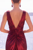 V-Neck Burgundy Ruched Satin Long Formal Dress With Slit