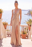 V-Neck Burgundy Ruched Satin Long Formal Dress With Slit