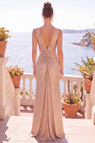 V-Neck Burgundy Ruched Satin Long Formal Dress With Slit