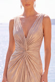 V-Neck Burgundy Ruched Satin Long Formal Dress With Slit