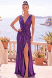 V-Neck Burgundy Ruched Satin Long Formal Dress With Slit