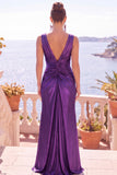 V-Neck Burgundy Ruched Satin Long Formal Dress With Slit
