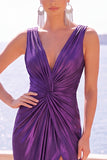 V-Neck Burgundy Ruched Satin Long Formal Dress With Slit