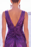 V-Neck Burgundy Ruched Satin Long Formal Dress With Slit