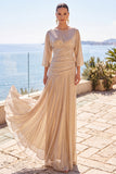 3/4 Sleeves A Line Champagne Long Formal Dress