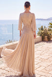 3/4 Sleeves A Line Champagne Long Formal Dress