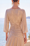 3/4 Sleeves A Line Champagne Long Formal Dress
