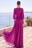 3/4 Sleeves A Line Champagne Long Formal Dress