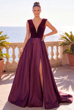 Burgundy V-Nevk Satin A Line Long Formal Dress With Slit