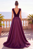 Burgundy V-Nevk Satin A Line Long Formal Dress With Slit