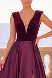 Burgundy V-Nevk Satin A Line Long Formal Dress With Slit