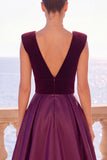 Burgundy V-Nevk Satin A Line Long Formal Dress With Slit