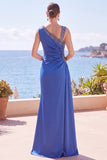 Asymmetrical Neck Ruched Blue Long Formal Dress With Slit