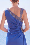 Asymmetrical Neck Ruched Blue Long Formal Dress With Slit