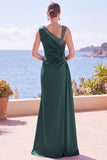Asymmetrical Neck Ruched Blue Long Formal Dress With Slit