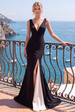 V-Neck Satin Mermaid Long Black Tie Dress With Slit
