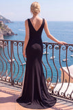 V-Neck Satin Mermaid Long Black Tie Dress With Slit