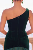 One Shoulder Velvet Mermaid Burgundy Long Formal Dress