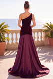 One Shoulder Velvet Mermaid Burgundy Long Formal Dress