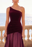 One Shoulder Velvet Mermaid Burgundy Long Formal Dress