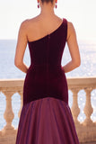 One Shoulder Velvet Mermaid Burgundy Long Formal Dress